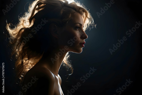 Warm hues bathe a woman's silhouette enhancing her wild curly hair on this impactful image