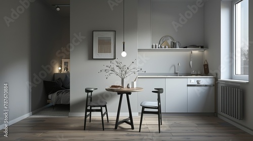 Showcases the dining area of the apartment  with a small  practical table set against a backdrop of neutral grays  facilitating simple  efficient living spaces