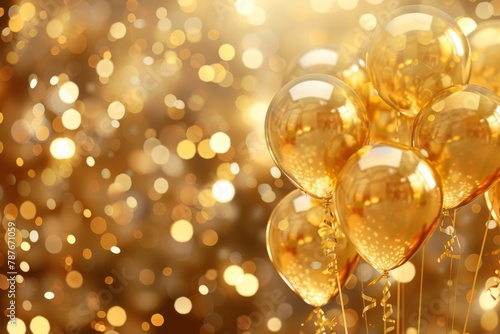 Multiple golden balloons with glitter on a bokeh background