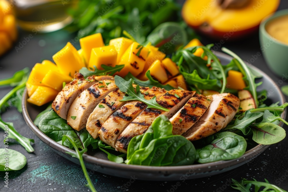 Closeup of grilled chicken breast salad with mango arugula lettuce spinach and chicory on table Closeup of grilled chicken breast salad with mango arugula lettuce spinach and chicory on table