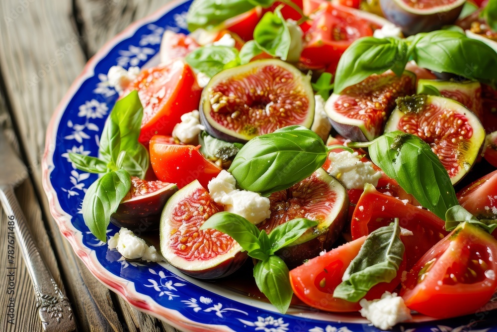 Closeup shot of salad with tomatoes figs goat cheese and basil on blue and white plate