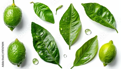 Collection of citrus leaves with isolated drops on a white background