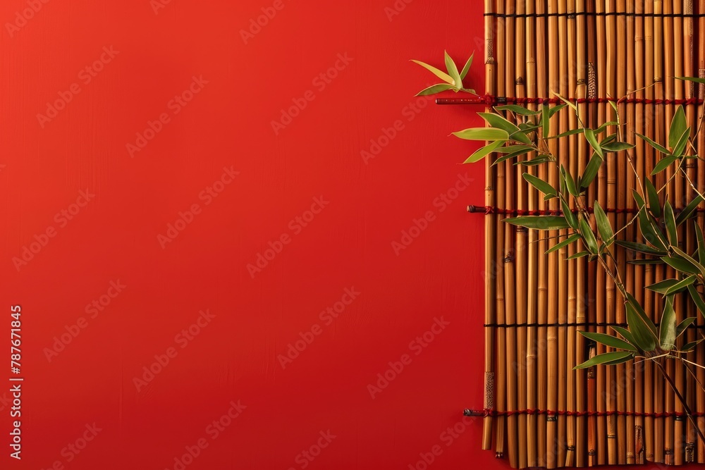 Empty wooden table with bamboo place mat over red background. Chinese New Year mock up for design and product display - generative ai Empty wooden table with bamboo place mat over red background. Chinese New Year mock up for design and product display - generative ai