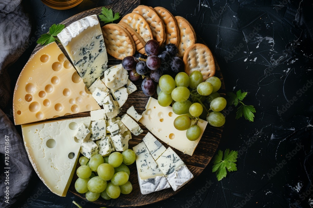Combine cheese and grapes on a wooden board Top view Combine cheese and grapes on a wooden board Top view