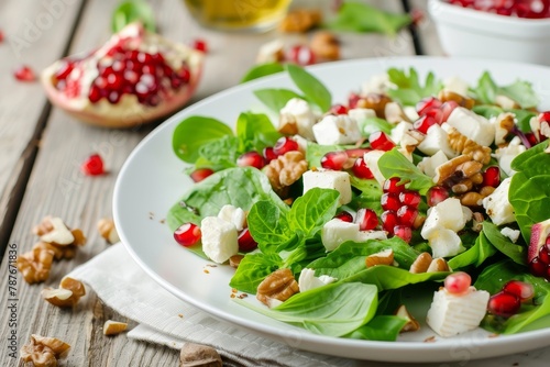 Combine baby leaf salad with fresh cheese pomegranate and nuts