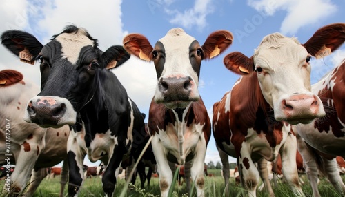 Cows in contrasting colors seen from a low angle photo