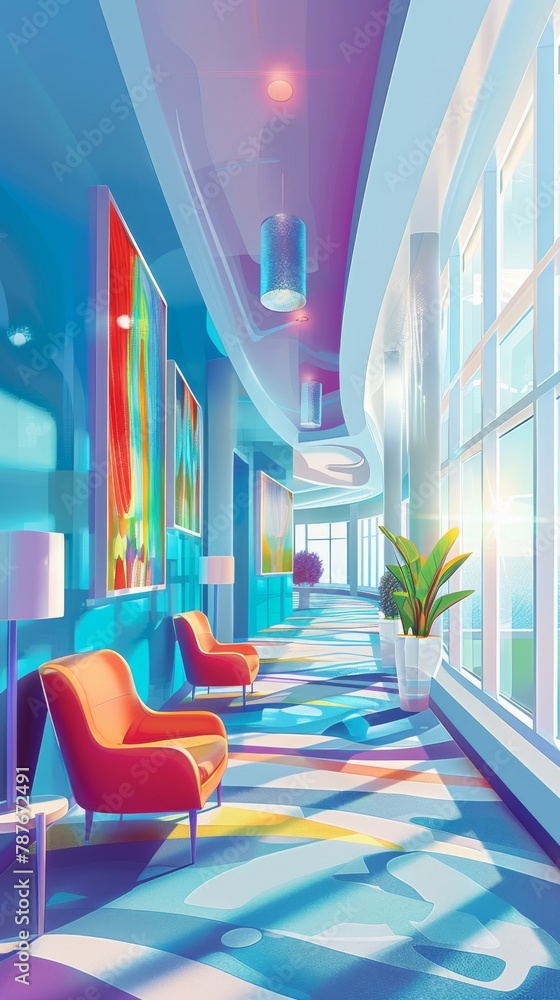 Sets a welllit hallway with walls painted in fresh blues, leading to various amenities, creating a welcoming path that invites exploration and enjoyment Sets a welllit hallway with walls painted in fresh blues, leading to various amenities, creating a welcoming path that invites exploration and enjoyment
