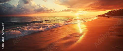 The image shows a magnificent sunset on a deserted beach, with the sun sinking below the horizon and illuminating the sky with warm shades of orange, red and pink. photo