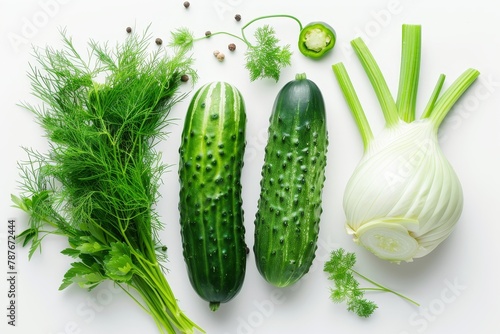 Cucumber lobes with parsley and fennel on white background photo