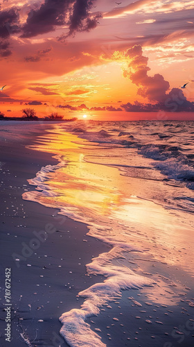 The image shows a magnificent sunset on a deserted beach  with the sun sinking below the horizon and illuminating the sky with warm shades of orange  red and pink.