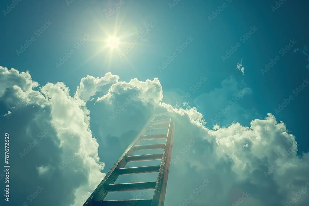 Ladder reaching up to the sunny sky among clouds