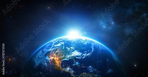 Sunrise Over USA with City Lights on Blue Earth - NASA Furnished 3D Rendering. Made with Generative AI Technology