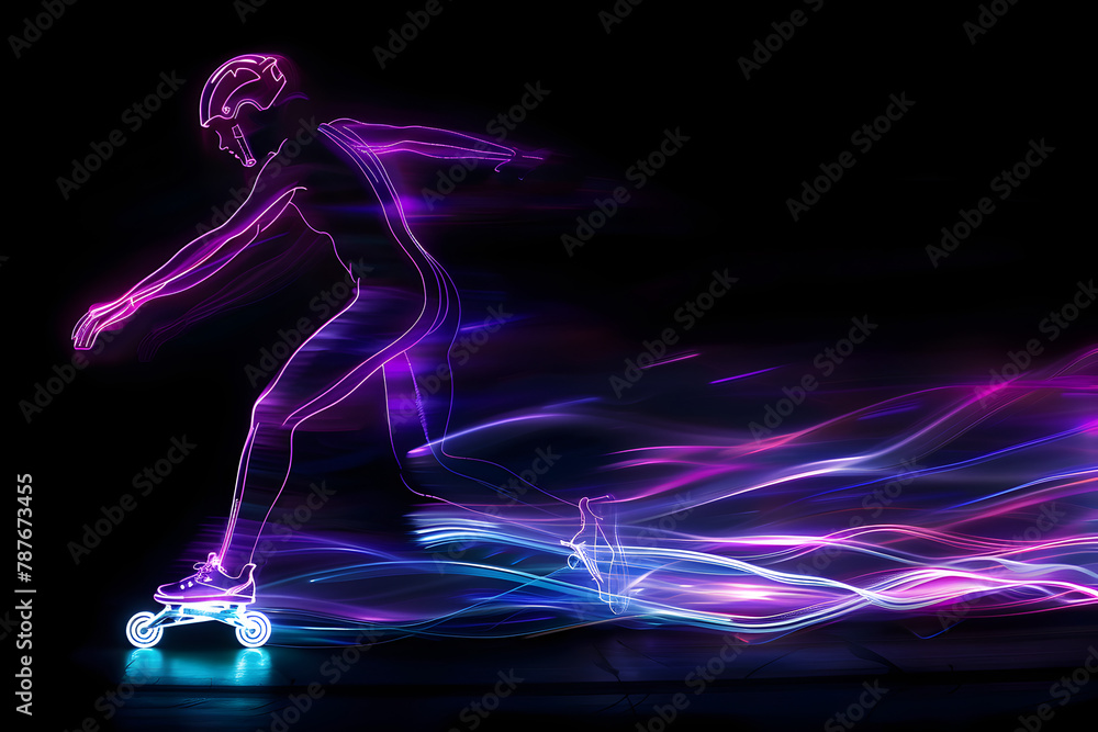Neon rollerblading silhouette isolated on black background.