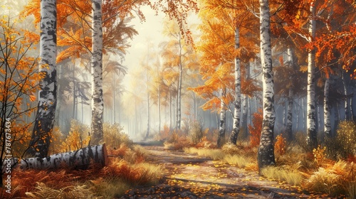 Sunny day in an autumn forest landscape