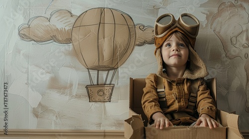 Child in a pilot cap imagines flying a hot air balloon, sketched on the wall, seated in a makeshift cardboard cockpit