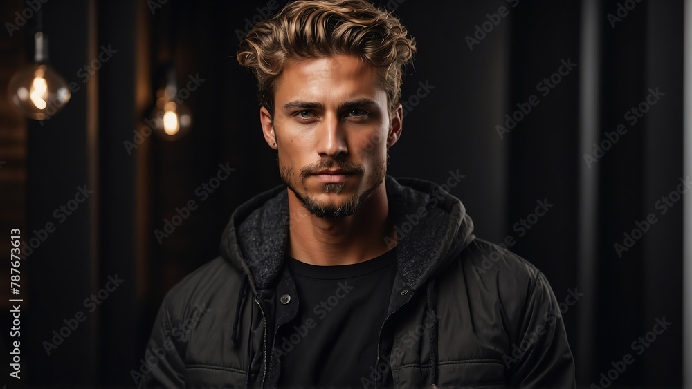 caucasian guy black theme fashion generation-z influencer posing for ad product promotion from Generative AI