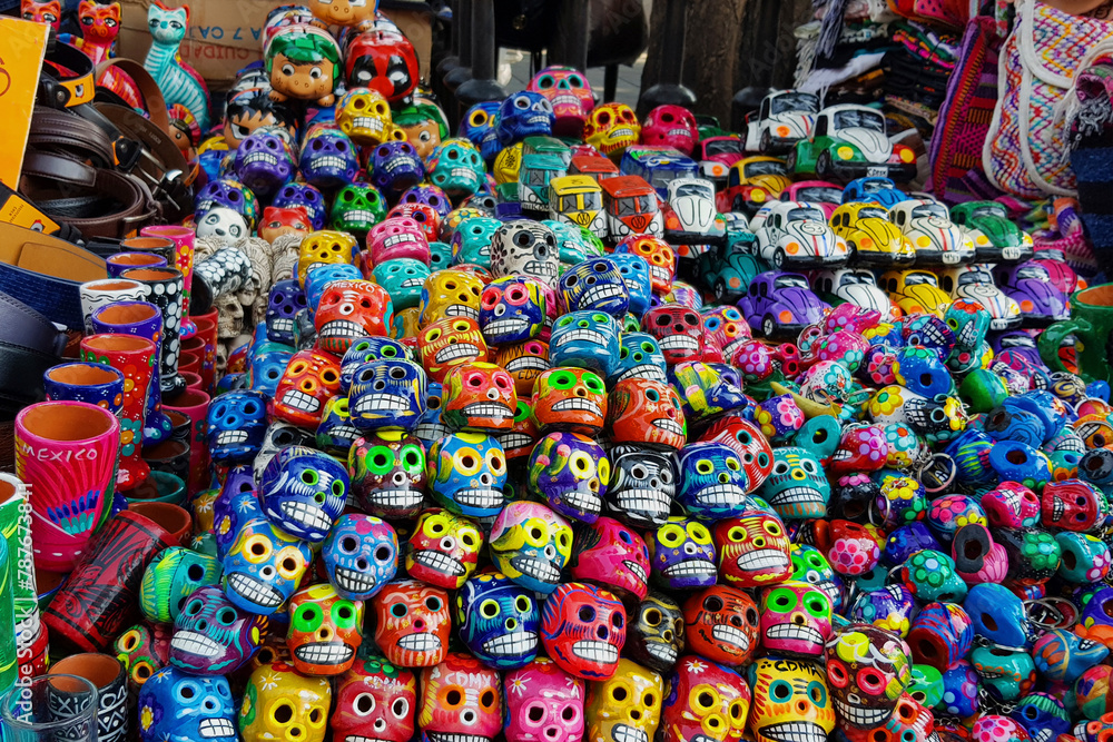 Mexican colorful ceramic skulls sold as crafts