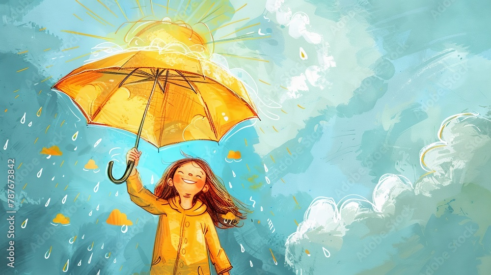 Happy girl showcases a sundrawn umbrella, in a world of playful cloud and raindrop doodles, sparking joy