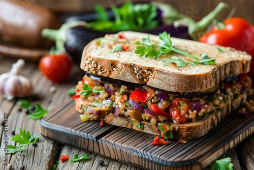 Eggplant caviar sandwich with vegetables on rustic wooden background