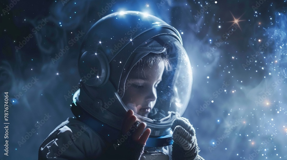 Little dreamer in a spacesuit, with an artistic helmet and stars, embracing astronaut role play