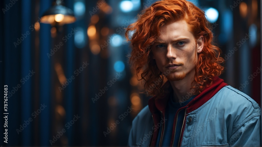 red head guy blue theme fashion generation-z influencer posing for ad product promotion from Generative AI