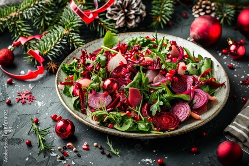 Festive Christmas salad with beets and herring horizontal display