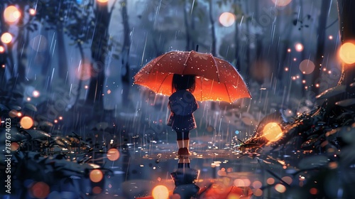 Little charmer under an umbrella, amid illustrated rain and puddles, creating a playful and wet wonderland photo