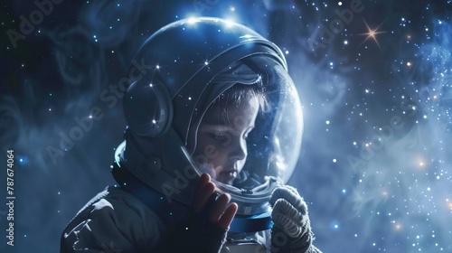 Little dreamer in a spacesuit, with an artistic helmet and stars, embracing astronaut role play