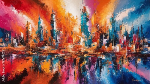  an abstract interpretation of a city skyline. gestural brushstrokes, the dynamic energy of urban life through bold, expressive forms and dynamic compositions