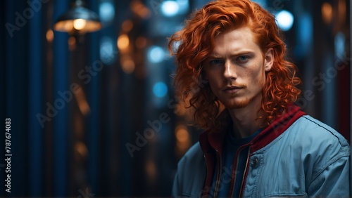 red head guy blue theme fashion generation-z influencer posing for ad product promotion from Generative AI