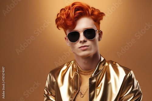 red head guy gold theme fashion generation-z influencer posing for ad product promotion from Generative AI