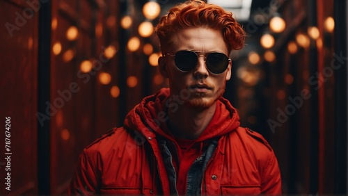 red head guy red theme fashion generation-z influencer posing for ad product promotion from Generative AI