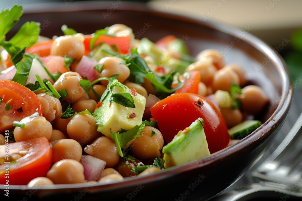 Focused salad with chickpeas tomato and avocado