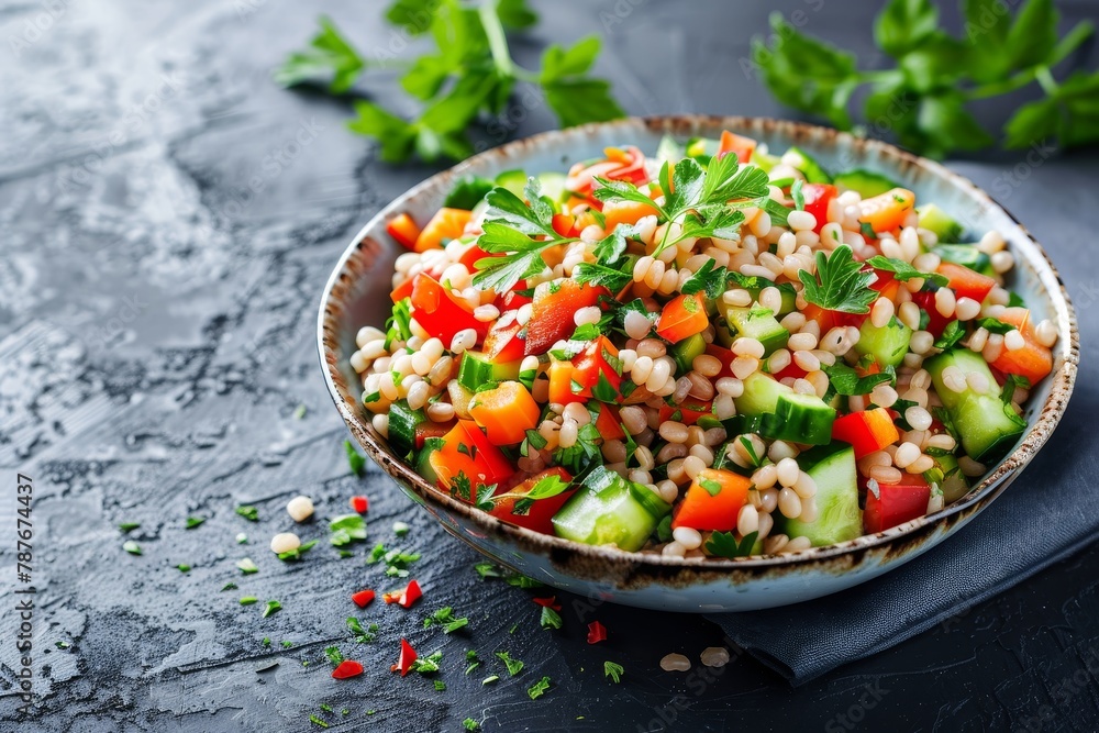 Focused photo of salad with barley and vegetables Focused photo of salad with barley and vegetables