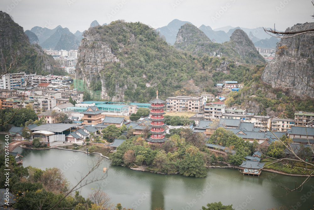 Fototapeta premium Lookout over Guilin City in South China. Ancient Pagoda in the middle