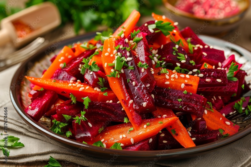Fresh beet and carrot salad with parsley and sesame seeds on a plate Fresh beet and carrot salad with parsley and sesame seeds on a plate