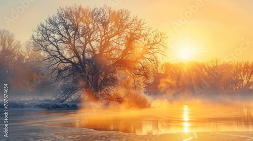 Panoramic lake with golden sunrise at winter foggy morning landscape. AI generated image © MUCHIB