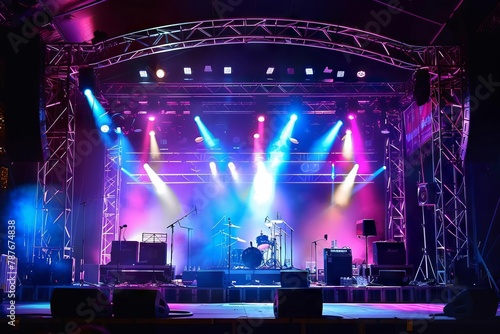 live music stage with circular truss and colorful lighting equipment © Lucija