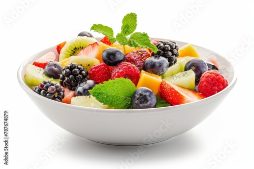 Fresh fruit salad and berries in a white bowl