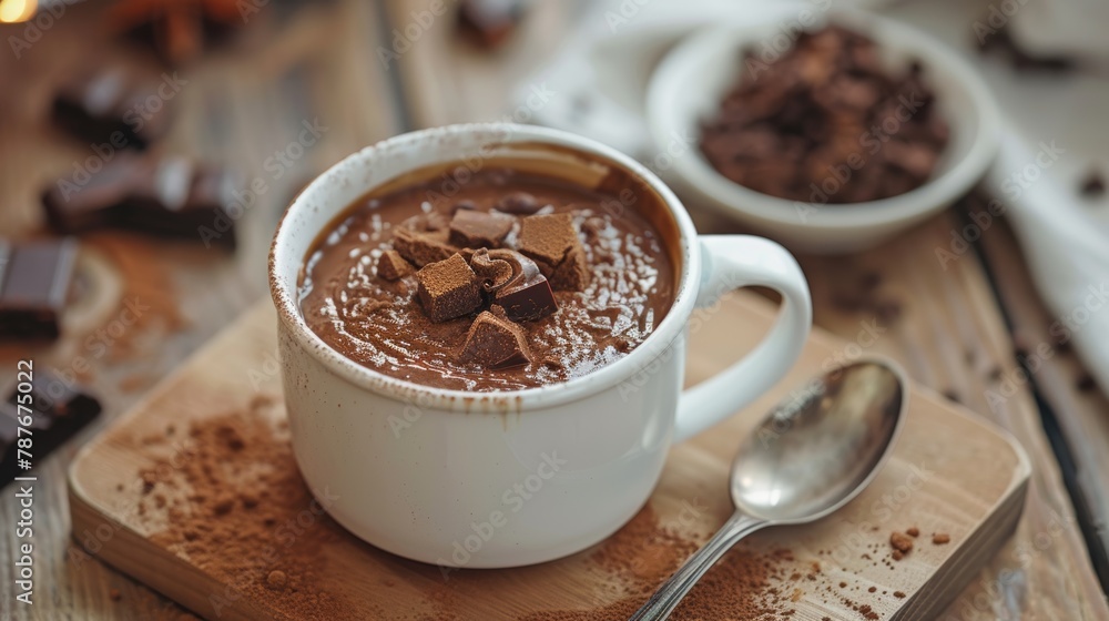Freshly baked chocolate soufflé in a white cup with a sprinkle of cocoa on a marble tabletop Freshly baked chocolate soufflé in a white cup with a sprinkle of cocoa on a marble tabletop