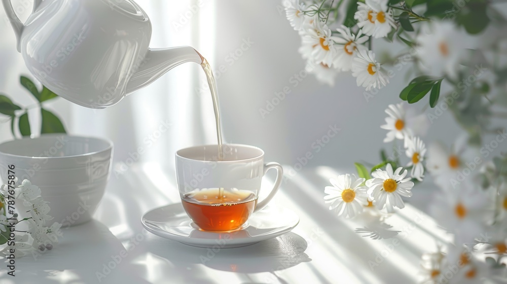 Sunlit tea time with fresh pour from teapot beside a vase of blooming daisie Sunlit tea time with fresh pour from teapot beside a vase of blooming daisie