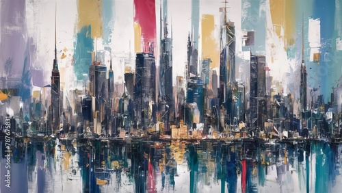  an abstract interpretation of a city skyline. gestural brushstrokes, the dynamic energy of urban life through bold, expressive forms and dynamic compositions photo