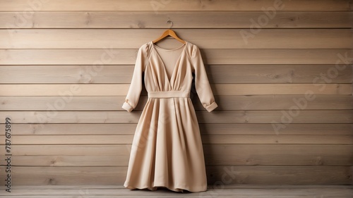 beige dress on old wooden wall background from Generative AI