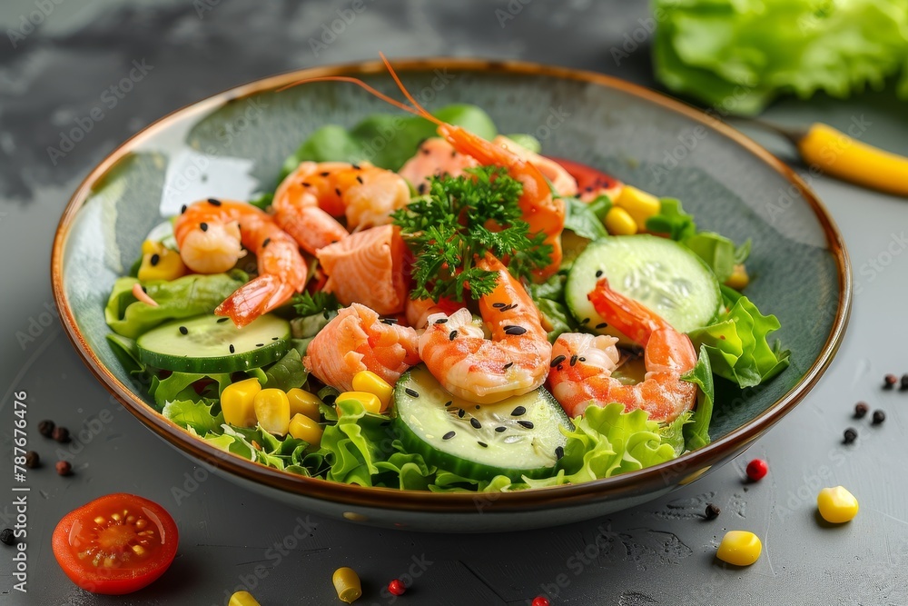 Fresh salad with salmon shrimp corn cucumber tomato and lettuce High quality image Fresh salad with salmon shrimp corn cucumber tomato and lettuce High quality image