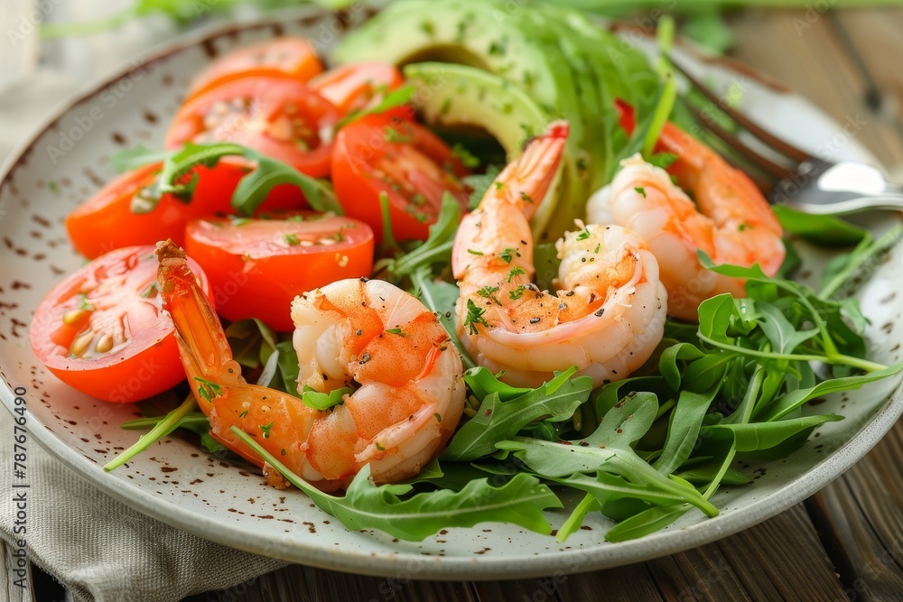 Fresh salad with shrimp tomato avocado and arugula on wooden background Healthy eating Fresh salad with shrimp tomato avocado and arugula on wooden background Healthy eating