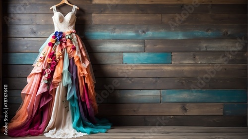 colorful wedding dress on old wooden wall background from Generative AI © Arceli
