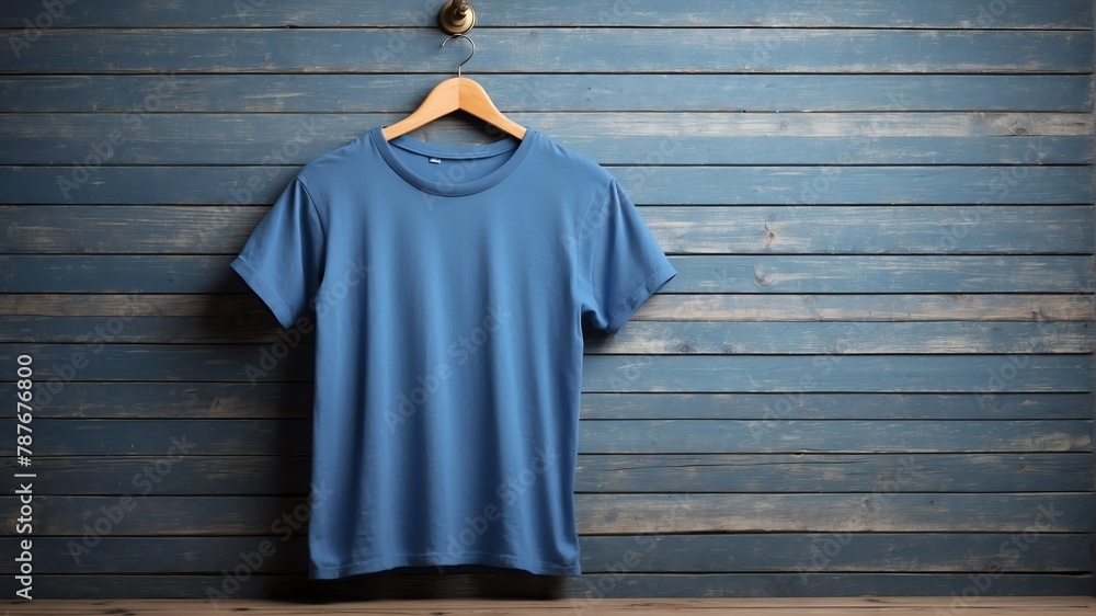 plain blue tshirt on old wooden wall background from Generative AI plain blue tshirt on old wooden wall background from Generative AI