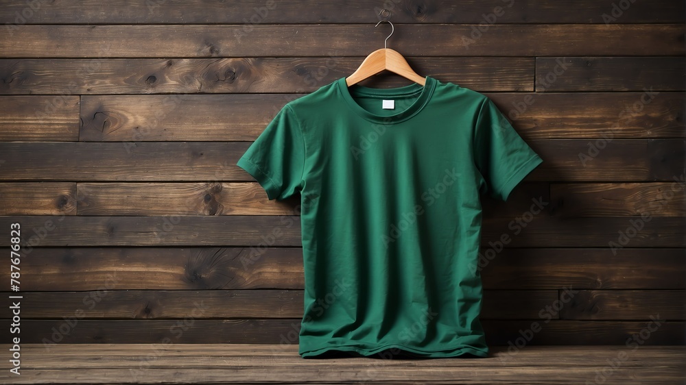 plain dark green tshirt on old wooden wall background from Generative AI plain dark green tshirt on old wooden wall background from Generative AI