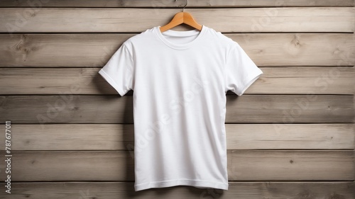 plain white tshirt on old wooden wall background from Generative AI © Arceli