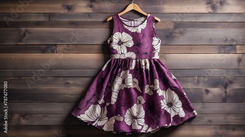 purple flower print dress on old wooden wall background from Generative AI
